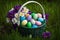 A basket full of vibrantly dyed Easter eggs, nestled amongst pastel-hued flowers and green grass, generative ai