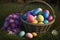A basket full of vibrantly dyed Easter eggs, nestled amongst pastel-hued flowers and green grass, generative ai