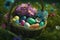 A basket full of vibrantly dyed Easter eggs, nestled amongst pastel-hued flowers and green grass, generative ai