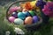 A basket full of vibrantly dyed Easter eggs, nestled amongst pastel-hued flowers and green grass, generative ai