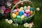 A basket full of vibrantly dyed Easter eggs, nestled amongst pastel-hued flowers and green grass, generative ai