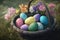 A basket full of vibrantly dyed Easter eggs, nestled amongst pastel-hued flowers and green grass, generative ai