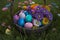 A basket full of vibrantly dyed Easter eggs, nestled amongst pastel-hued flowers and green grass, generative ai