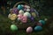 A basket full of vibrantly dyed Easter eggs, nestled amongst pastel-hued flowers and green grass, generative ai