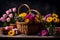 Basket with gifts and flowers for Mother\\\'s Day on table against dark background