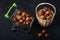 Basket Hazelnuts, filbert on wooden backdrop. heap or stack of hazelnuts