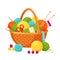 Basket with knitting balls, bright decorative home hobby