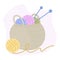 Basket with knitting, multi-colored wool balls of yarn and knitting needles. Vector illustration in cartoon flat style