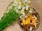 Basket of mushrooms and bouquet of camomiles