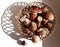 Basket of mushrooms. Patterned shadows on the white background