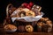 basket overflowing with assorted holiday goodies, including sweet rolls and cookies