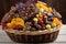 basket overflowing with fruits, nuts and chocolate for indulgent treat