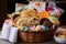 a basket overflowing with sweet treats, including cookies and candies