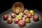 The basket overturned and apples with pears rolled out onto the table