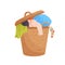 Basket with pile of soiled linens, laundry basket with dirty clothes and lid. Vector illustration in flat cartoon style