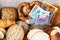 A basket with Polish money, around food products, bread and pastries. The concept of inflation, rising prices and more expensive