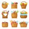 Basket with products. Handcraft picnic hamper with various food vegetables fruits vector baskets