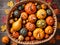 A Basket Of Pumpkins And Gourds On A Wooden Table. Generative AI