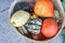 Basket with pumpkins and squashes