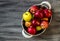 Basket in red apples, basket full of apples, apples pictures on authentic wood floor,