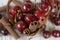 Basket with red cherries with stems and jar with cherries