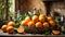 Basket ripe oranges in the kitchen vitamin organic many harvest many