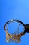 Basket with ruined net seen from below in the morning sun