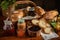 basket of rustic, crusty breads, paired with assortment of jams and spreads