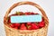 Basket with strawberries and romantic inscription.