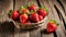 A basket of strawberries on a wooden table