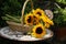 Basket of Sunflowers on mosaic table