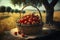 basket of tomatoes on a table outside under a tree