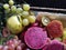 basket with varied fruits grape pear kiwi guava apple healthy food vegan detox food