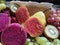 basket with varied fruits grape pear kiwi guava apple healthy food vegan detox food