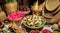 Basket of Various Thai Herbs for Food Recipe on Wooden Table in The Traditional Kitchen