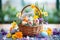 basket with vegan chocolate eggs and spring flowers