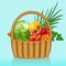 basket with vegetables tomatoes, cucumbers, cabbage and onions