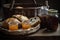 basket of warm, crusty breads paired with jar of homemade preserves and ceramic crockery