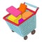 Basket on wheels with shopping icon, cartoon style