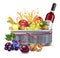 Basket with wine bottle and fruits Vector realistic detailed design illustrations