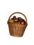 Basket woven from willow twigs filled with wild chestnut fruits isolated on a white background