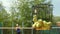 Basket with yellow tennis balls with blurred sportswoman serving at the background. Paddle training class, trainer hand