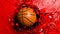 Basketball ball breaking forcibly through a red wall. 3d illustration.