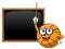 Basketball ball cartoon funny character teacher blackboard or chalkboard stick class copyspace isolated