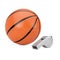 Basketball Ball with Classic Metal Coaches Whistle. 3d Rendering