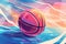 Basketball ball flaming energy around. Abstract grainy gradients background. Sport grunge banners.