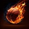 Basketball ball in flight roasted flames on a dark background