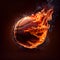 Basketball ball in flight roasted flames on a dark background