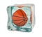 Basketball ball frozen in ice cube, 3D rendering