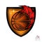 Basketball ball with red fire trail in center of shield. Sport logo for any team or competition isolated